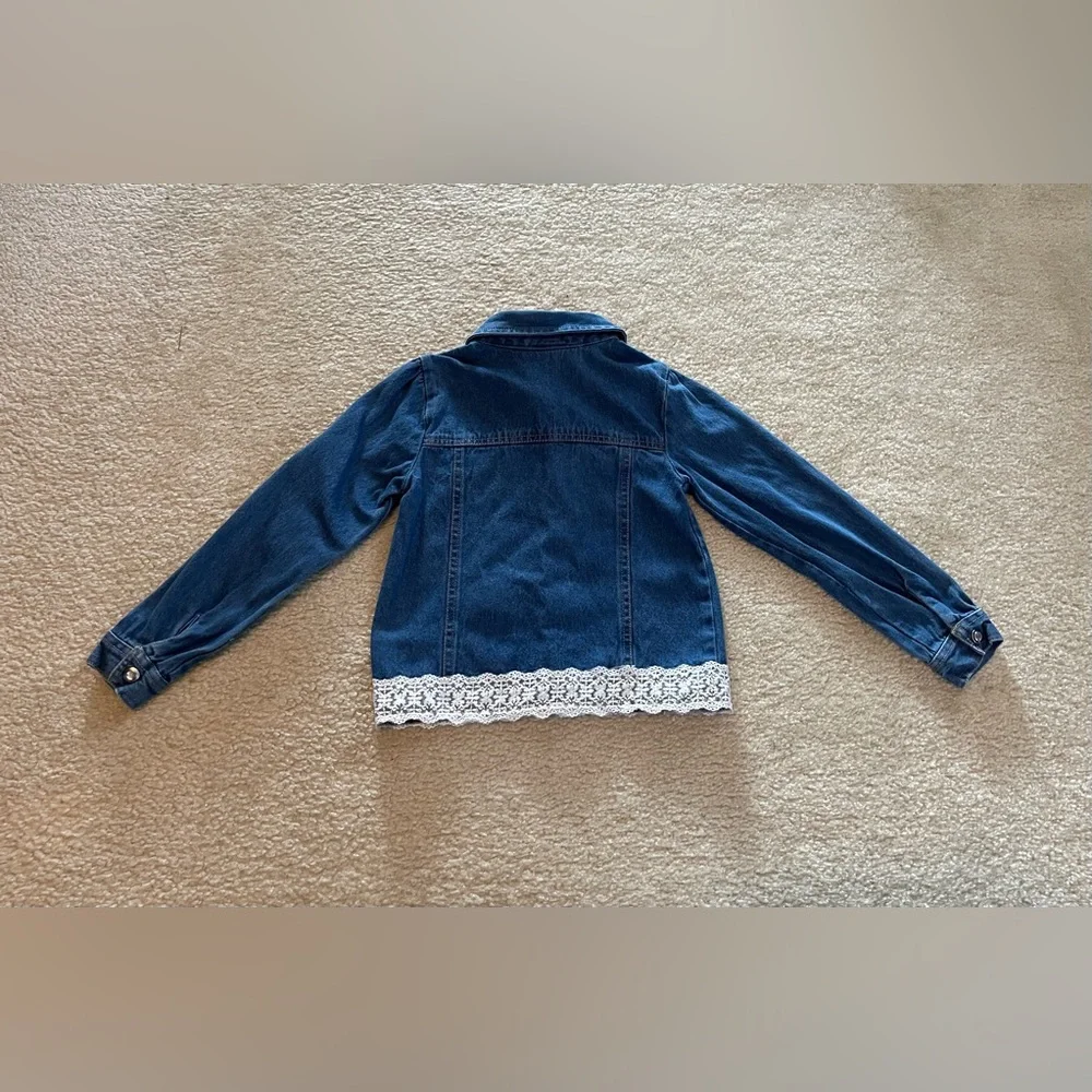 Little Lass Girl - Blue Jean Jacket with Embroidered Flowers and Lace - Size: 6X